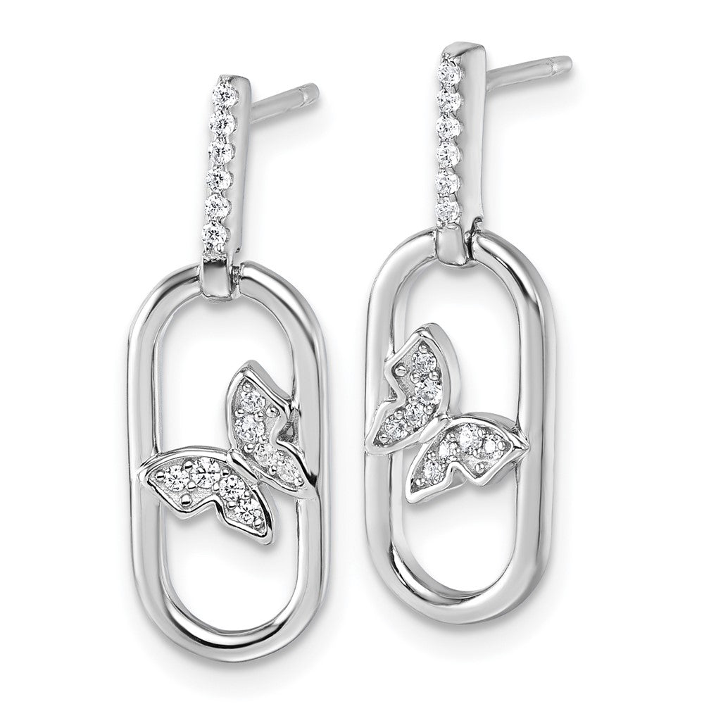 Sterling Silver Rhodium-Plated CZ Oval Dangle with Butterfly Post Earrings