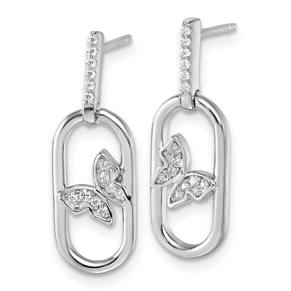 Sterling Silver Rhodium-Plated CZ Oval Dangle with Butterfly Post Earrings