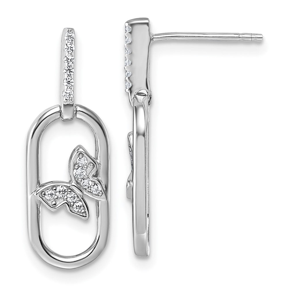 Sterling Silver Rhodium-Plated CZ Oval Dangle with Butterfly Post Earrings