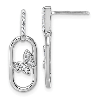Sterling Silver Rhodium-Plated CZ Oval Dangle with Butterfly Post Earrings
