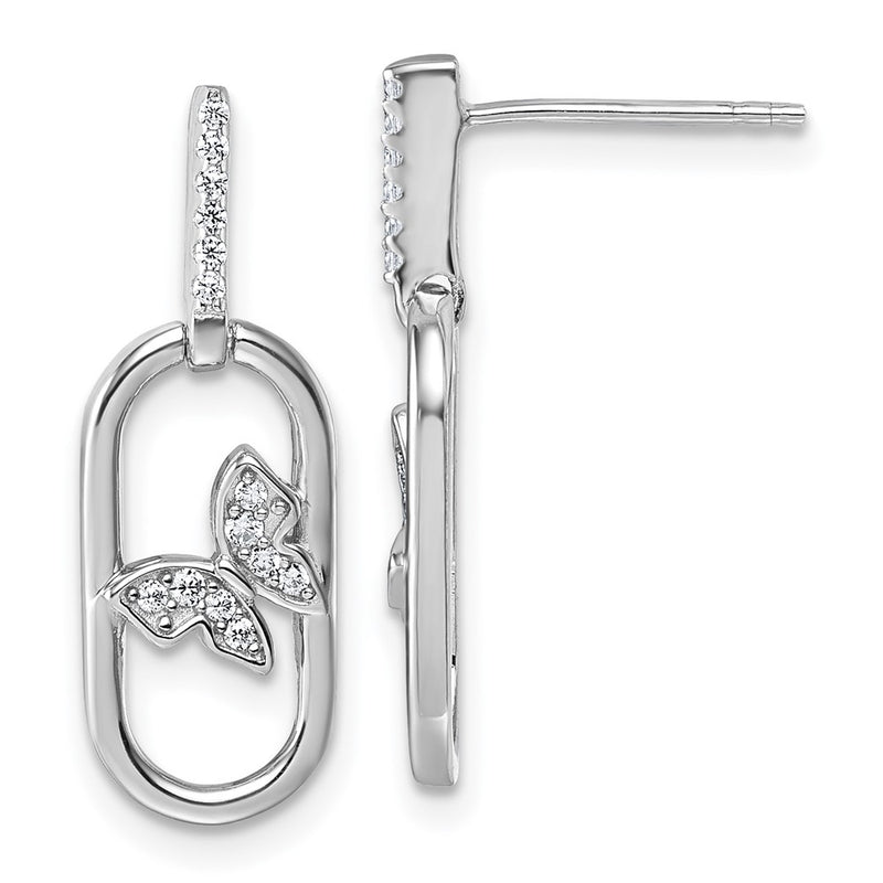 Sterling Silver Rhodium-Plated CZ Oval Dangle with Butterfly Post Earrings