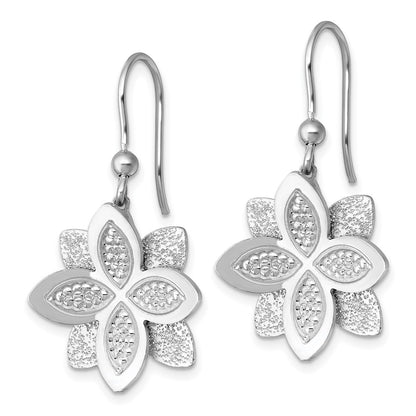Sterling Silver Rhodium Plated Polished Brushed/textured Flower Dangle Earrings
