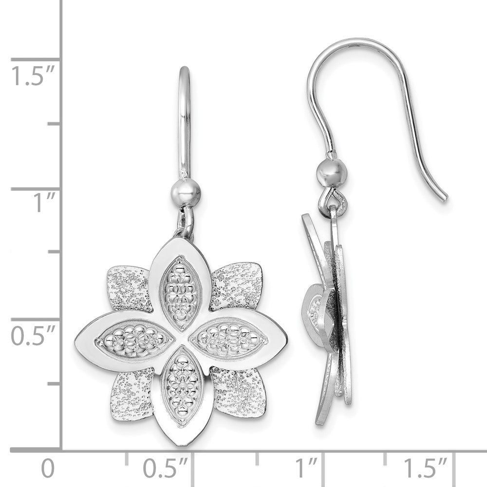 Sterling Silver Rhodium Plated Polished Brushed/textured Flower Dangle Earrings