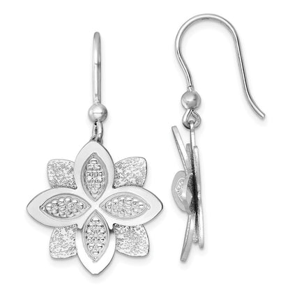 Sterling Silver Rhodium Plated Polished Brushed/textured Flower Dangle Earrings