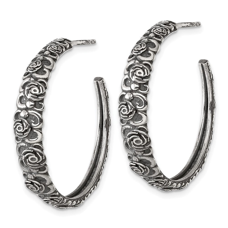 Sterling Silver Antiqued Graduated Floral Post Hoop Earrings