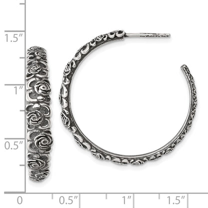 Sterling Silver Antiqued Graduated Floral Post Hoop Earrings