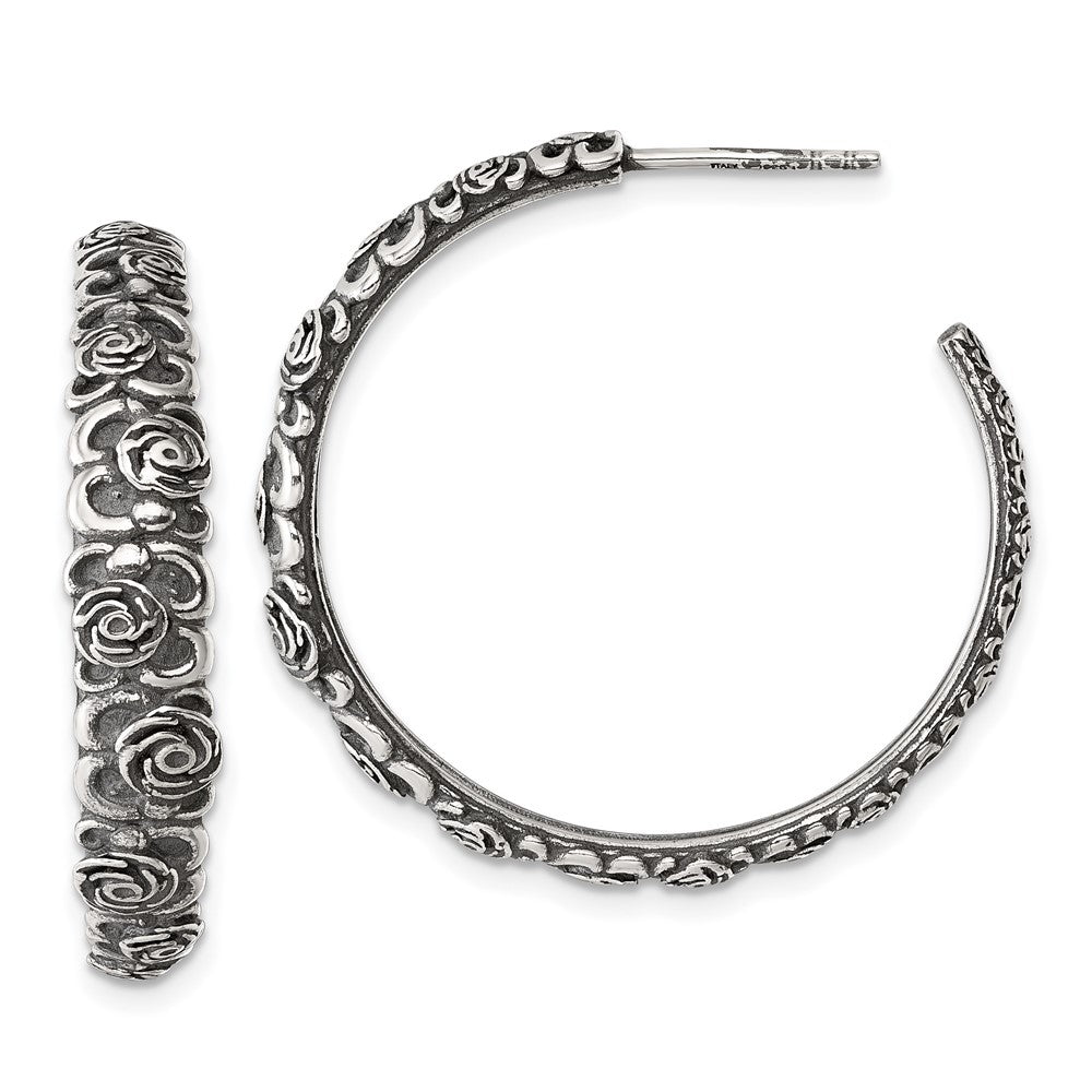 Sterling Silver Antiqued Graduated Floral Post Hoop Earrings