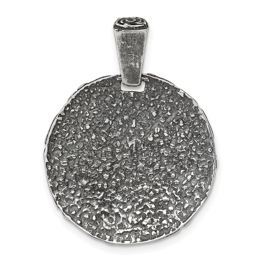 Sterling Silver Antiqued Floral Round Disc Pendant