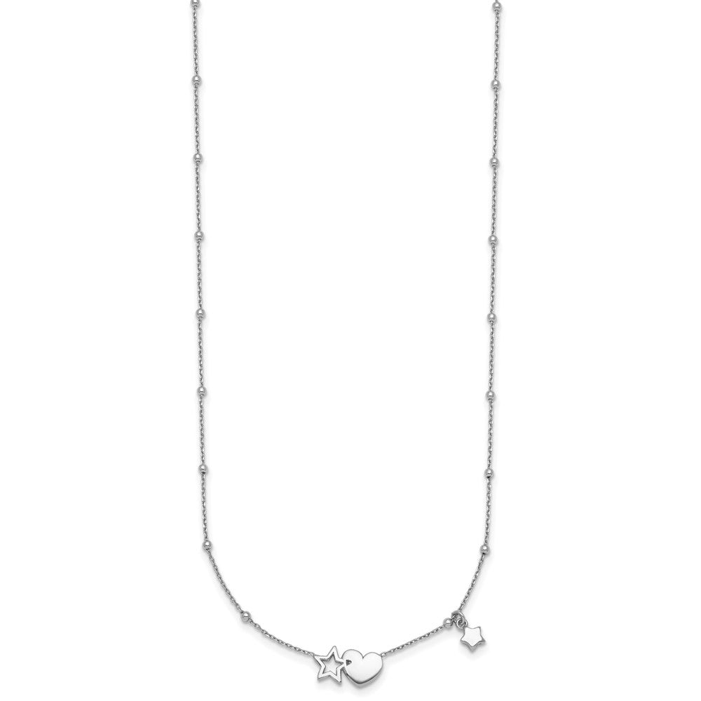 Sterling Silver Rhodium Plated Polished Heart and Stars 16in W/ 2in Ext Necklace