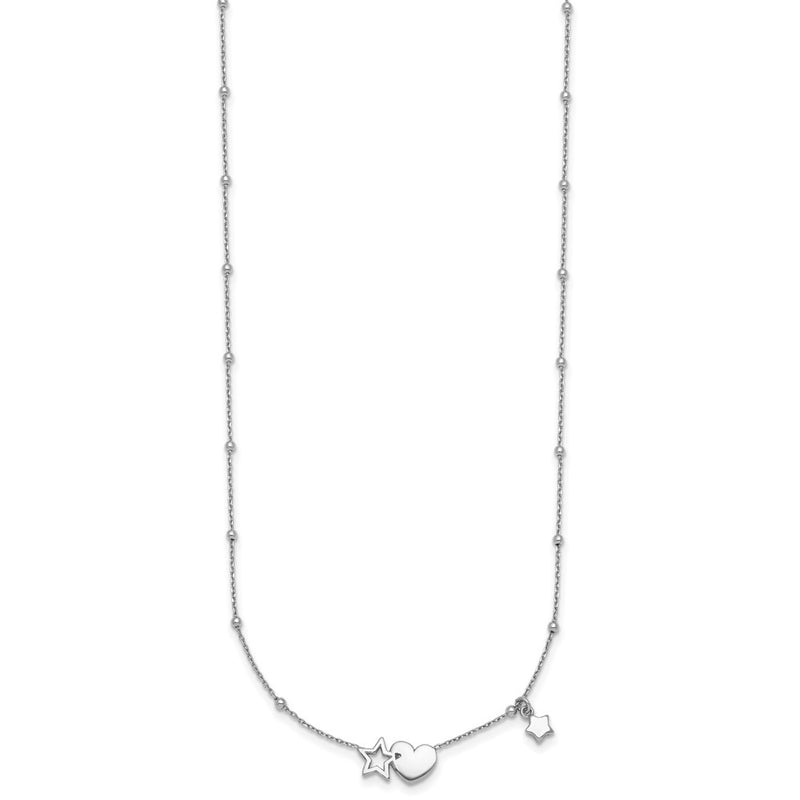 Sterling Silver Rhodium Plated Polished Heart and Stars 16in W/ 2in Ext Necklace
