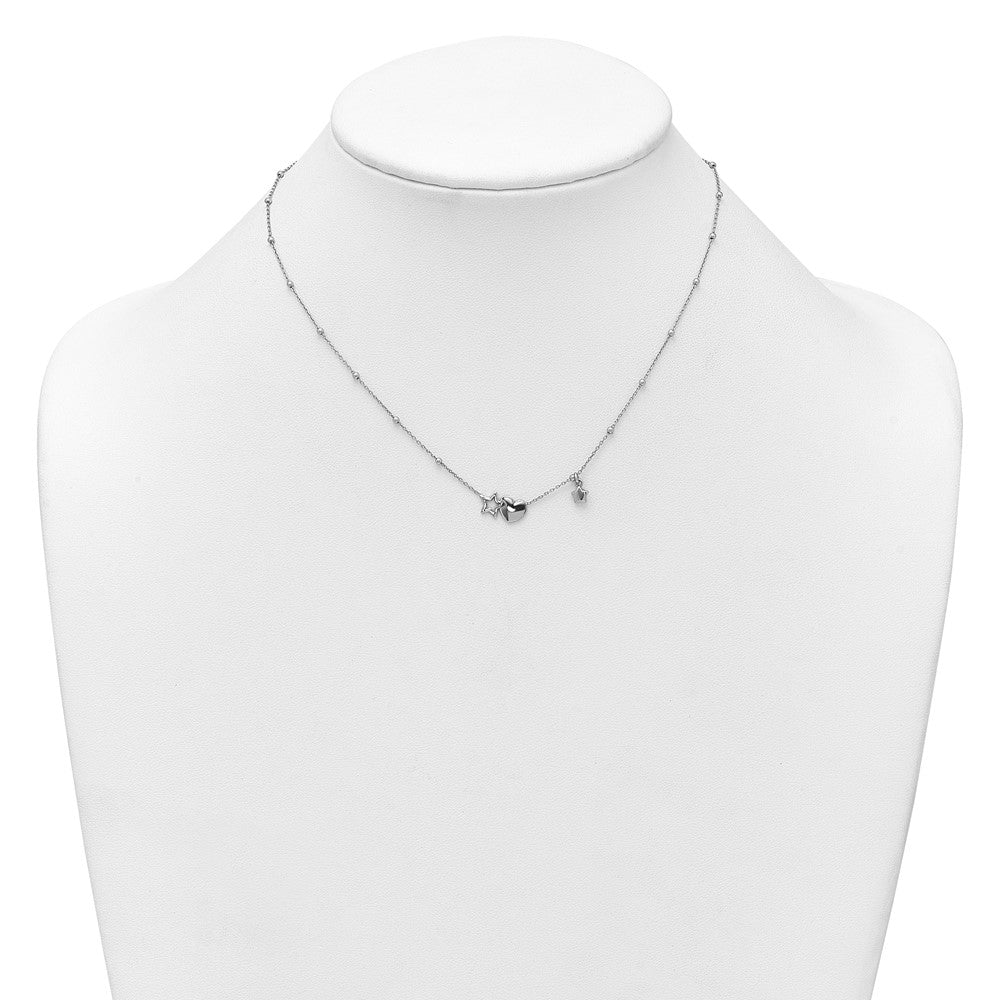 Sterling Silver Rhodium Plated Polished Heart and Stars 16in W/ 2in Ext Necklace