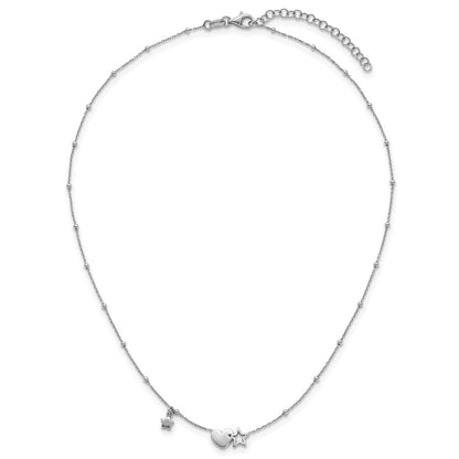 Sterling Silver Rhodium Plated Polished Heart and Stars 16in W/ 2in Ext Necklace