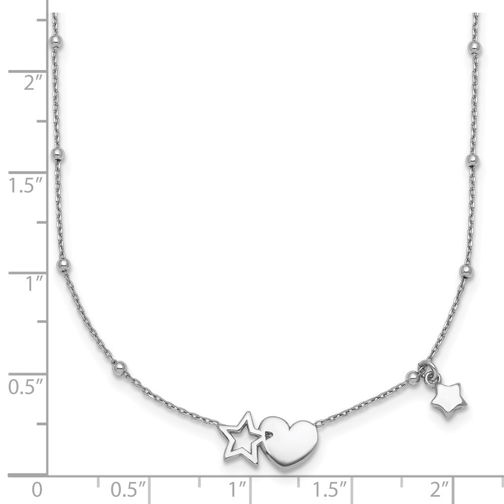Sterling Silver Rhodium Plated Polished Heart and Stars 16in W/ 2in Ext Necklace