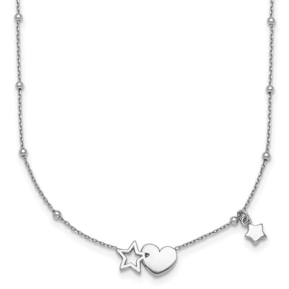 Sterling Silver Rhodium Plated Polished Heart and Stars 16in W/ 2in Ext Necklace