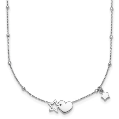 Sterling Silver Rhodium Plated Polished Heart and Stars 16in W/ 2in Ext Necklace