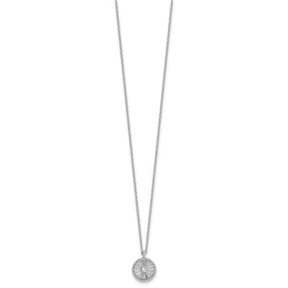 Sterling Silver Rhodium Plated Textured CZ Circle 16in w/2in Ext Necklace