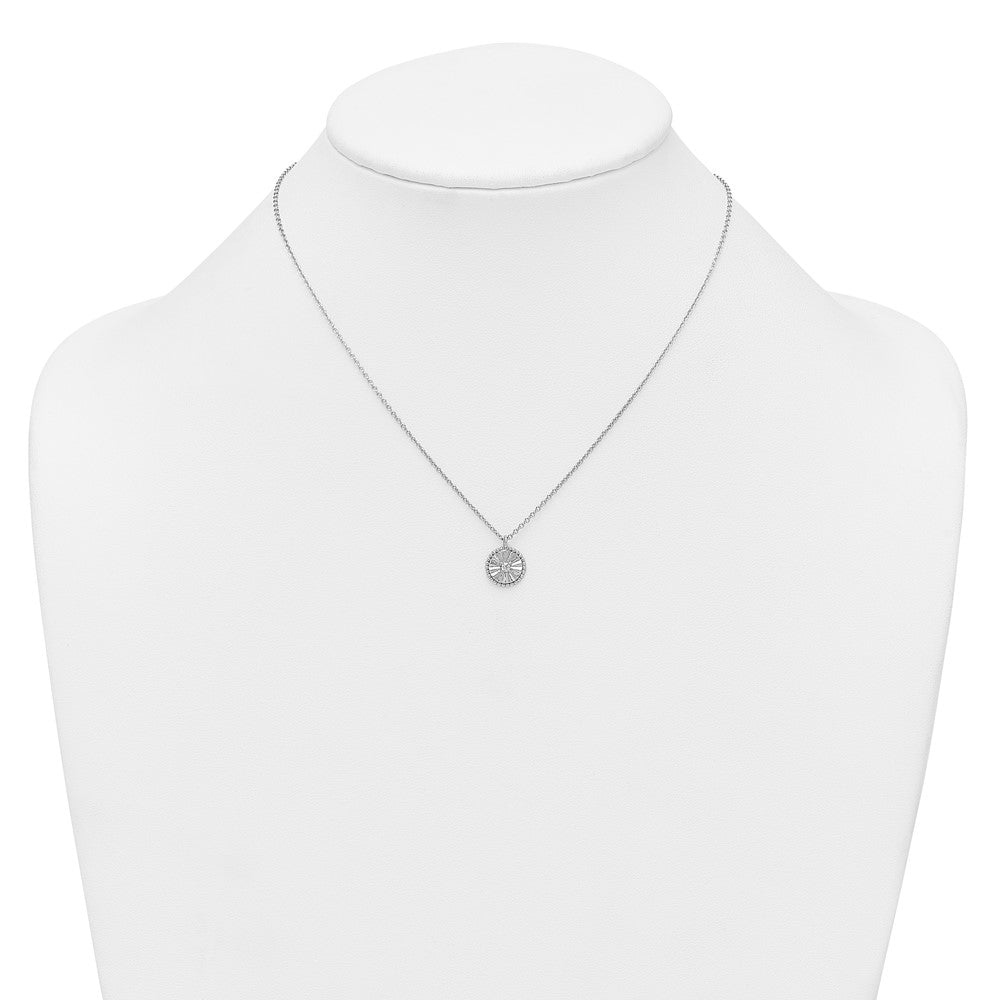 Sterling Silver Rhodium Plated Textured CZ Circle 16in w/2in Ext Necklace