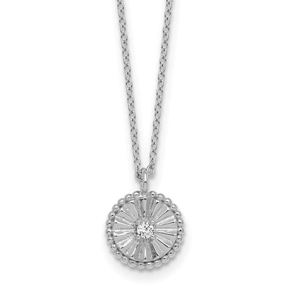 Sterling Silver Rhodium Plated Textured CZ Circle 16in w/2in Ext Necklace