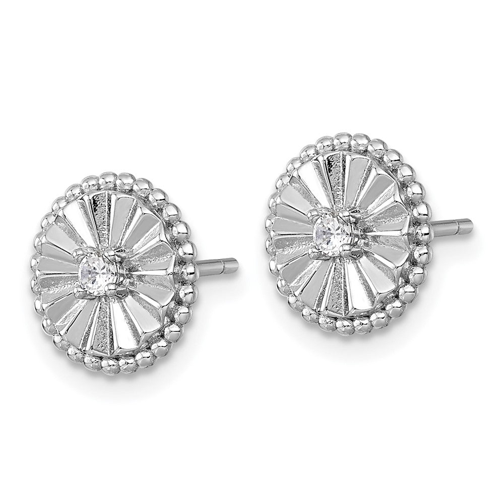 Sterling Silver Rhodium Plated Polished and Textured CZ Circle Post Earrings