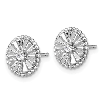 Sterling Silver Rhodium Plated Polished and Textured CZ Circle Post Earrings
