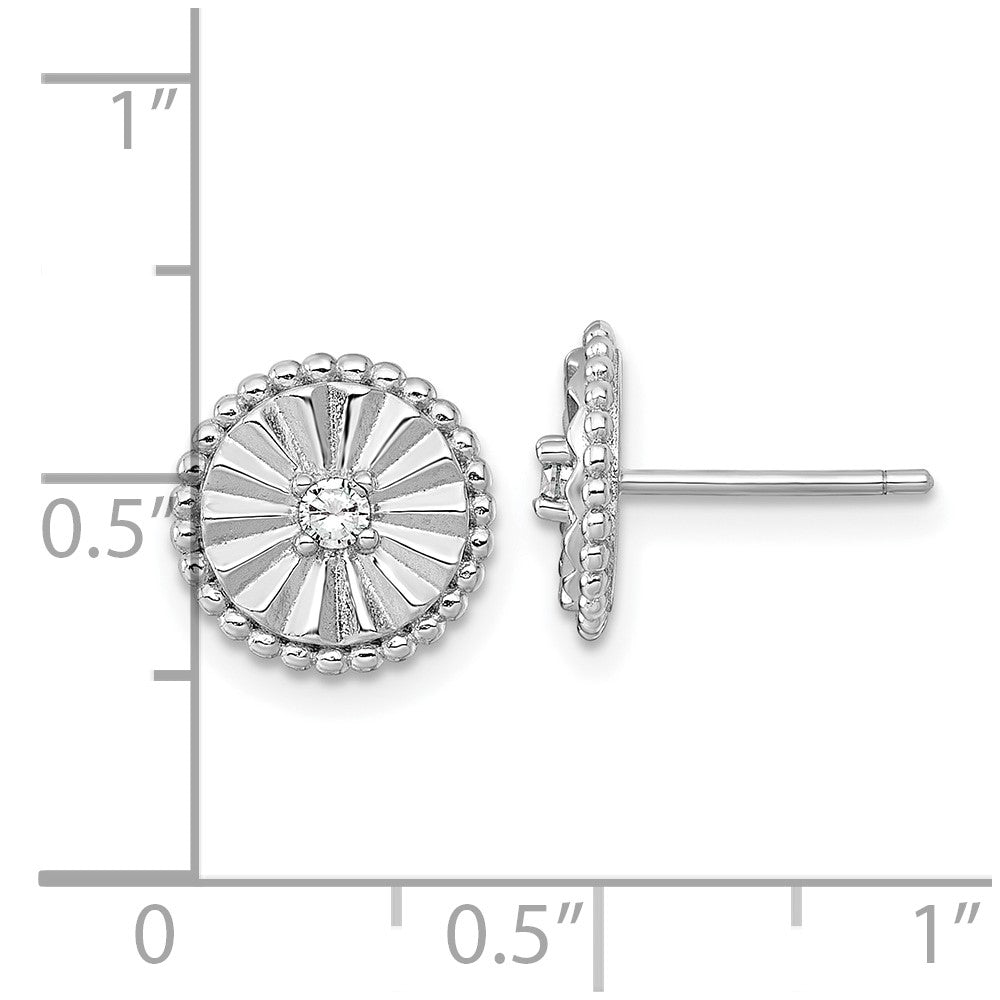 Sterling Silver Rhodium Plated Polished and Textured CZ Circle Post Earrings