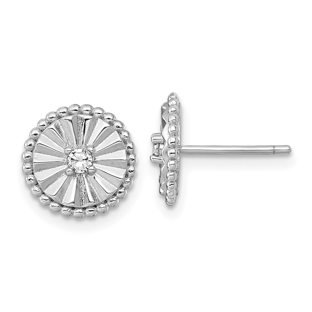 Sterling Silver Rhodium Plated Polished and Textured CZ Circle Post Earrings