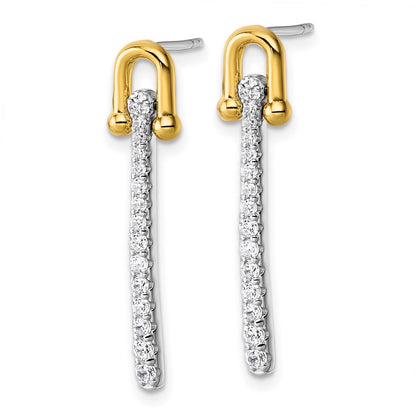 Sterling Silver Gold-Tone CZ Polished and Textured Dangle Post Earrings