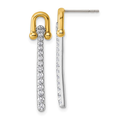 Sterling Silver Gold-Tone CZ Polished and Textured Dangle Post Earrings
