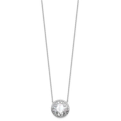 Sterling Silver Rhodium Plated Filigree Mop Circle 16in w/2in Ext Necklace