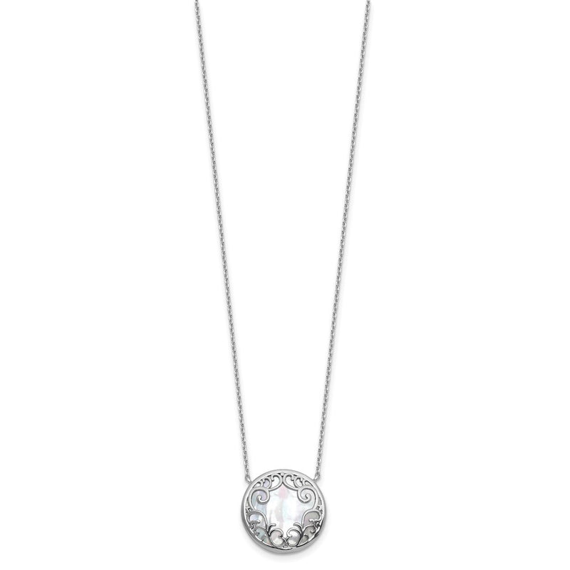 Sterling Silver Rhodium Plated Filigree Mop Circle 16in w/2in Ext Necklace