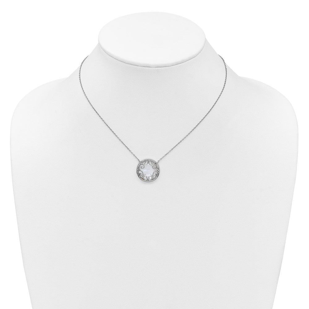 Sterling Silver Rhodium Plated Filigree Mop Circle 16in w/2in Ext Necklace