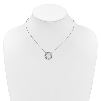 Sterling Silver Rhodium Plated Filigree Mop Circle 16in w/2in Ext Necklace