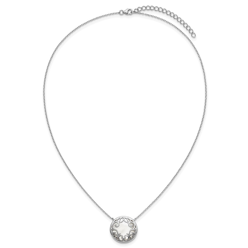 Sterling Silver Rhodium Plated Filigree Mop Circle 16in w/2in Ext Necklace