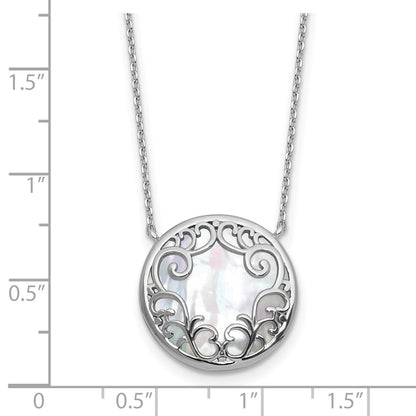 Sterling Silver Rhodium Plated Filigree Mop Circle 16in w/2in Ext Necklace