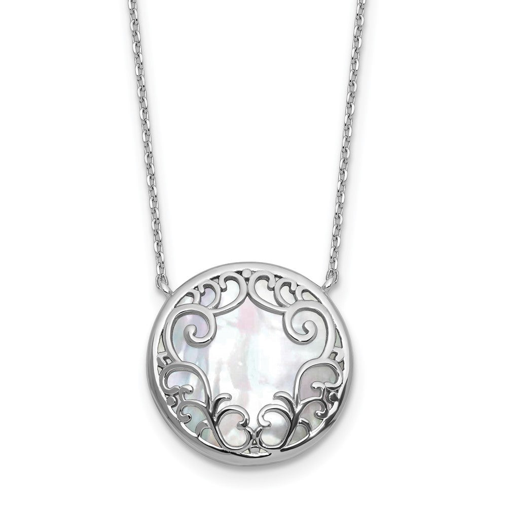 Sterling Silver Rhodium Plated Filigree Mop Circle 16in w/2in Ext Necklace