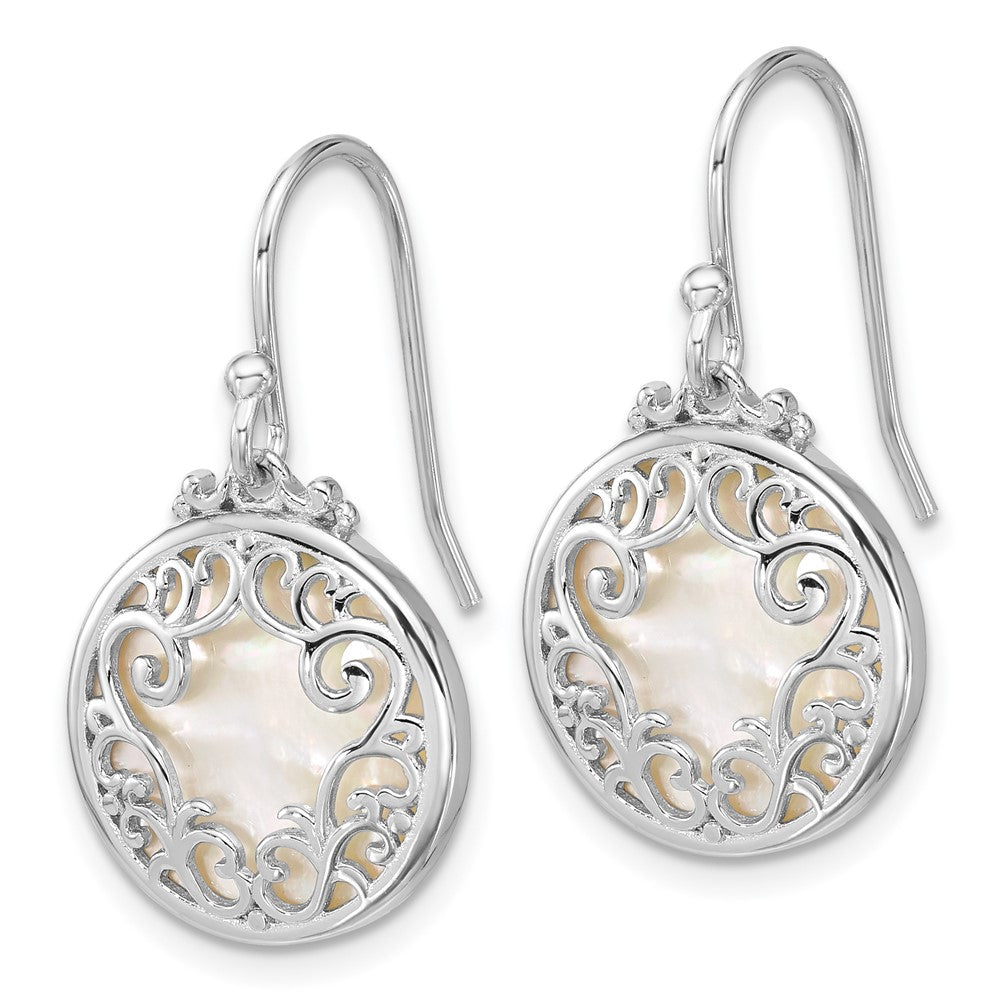 Sterling Silver Rhodium Plated Filigree Mother of Pearl Circle Dangle Earrings