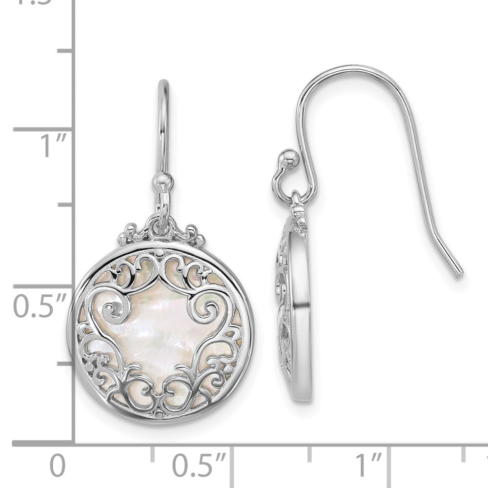 Sterling Silver Rhodium Plated Filigree Mother of Pearl Circle Dangle Earrings