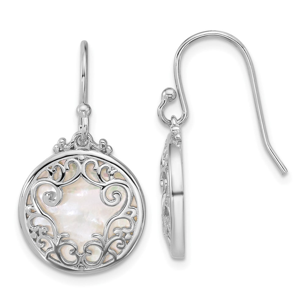 Sterling Silver Rhodium Plated Filigree Mother of Pearl Circle Dangle Earrings