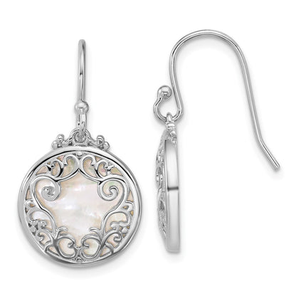Sterling Silver Rhodium Plated Filigree Mother of Pearl Circle Dangle Earrings