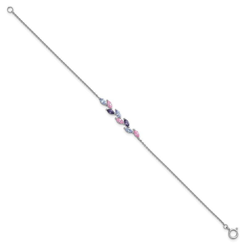 Sterling Silver Rh-Pltd Polished Fancy Pink & Purple CZ 7in Bracelet