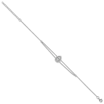 Sterling Silver Rhodium Plated Polished 2-strand CZ Teardrop 7in w/1.5in Ext Bracelet
