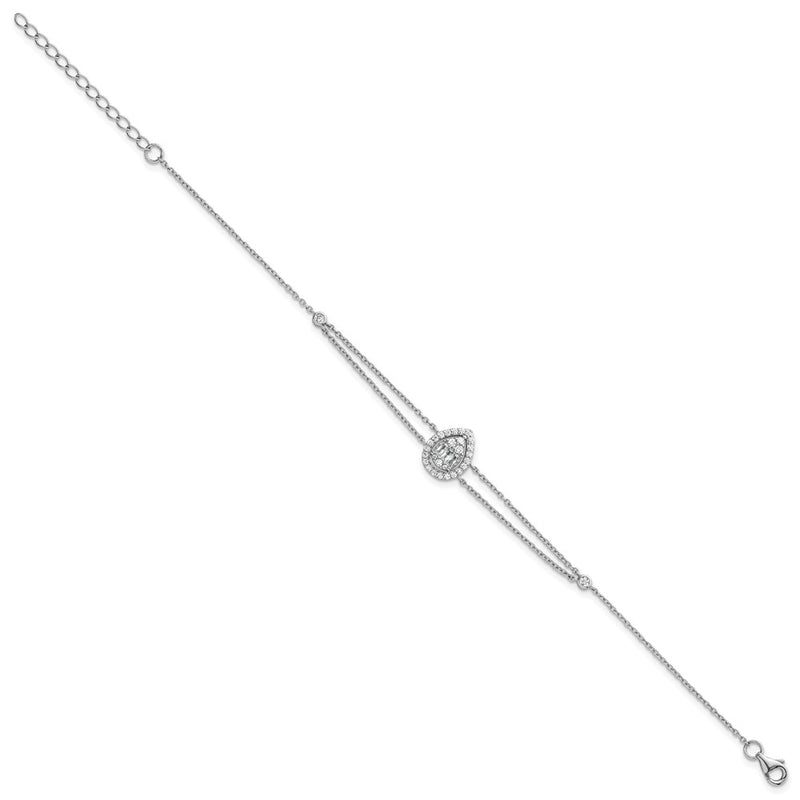 Sterling Silver Rhodium Plated Polished 2-strand CZ Teardrop 7in w/1.5in Ext Bracelet