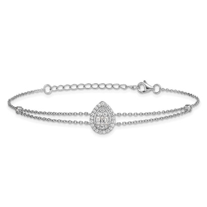 Sterling Silver Rhodium Plated Polished 2-strand CZ Teardrop 7in w/1.5in Ext Bracelet