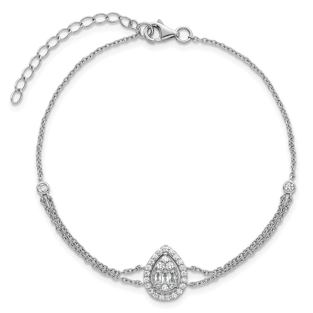 Sterling Silver Rhodium Plated Polished 2-strand CZ Teardrop 7in w/1.5in Ext Bracelet