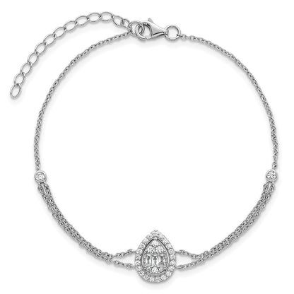 Sterling Silver Rhodium Plated Polished 2-strand CZ Teardrop 7in w/1.5in Ext Bracelet
