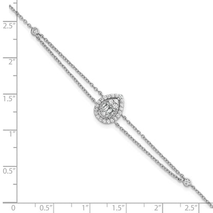 Sterling Silver Rhodium Plated Polished 2-strand CZ Teardrop 7in w/1.5in Ext Bracelet