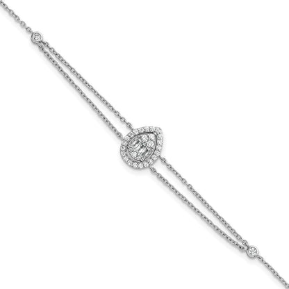 Sterling Silver Rhodium Plated Polished 2-strand CZ Teardrop 7in w/1.5in Ext Bracelet