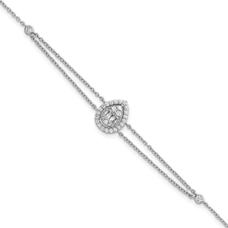 Sterling Silver Rhodium Plated Polished 2-strand CZ Teardrop 7in w/1.5in Ext Bracelet