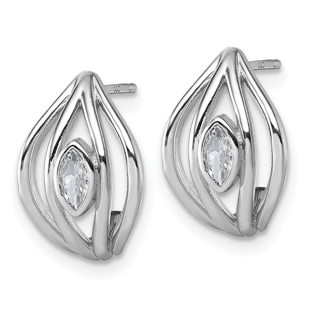 Sterling Silver Rhodium-Plated CZ Polished Post J-Hoop Earrings