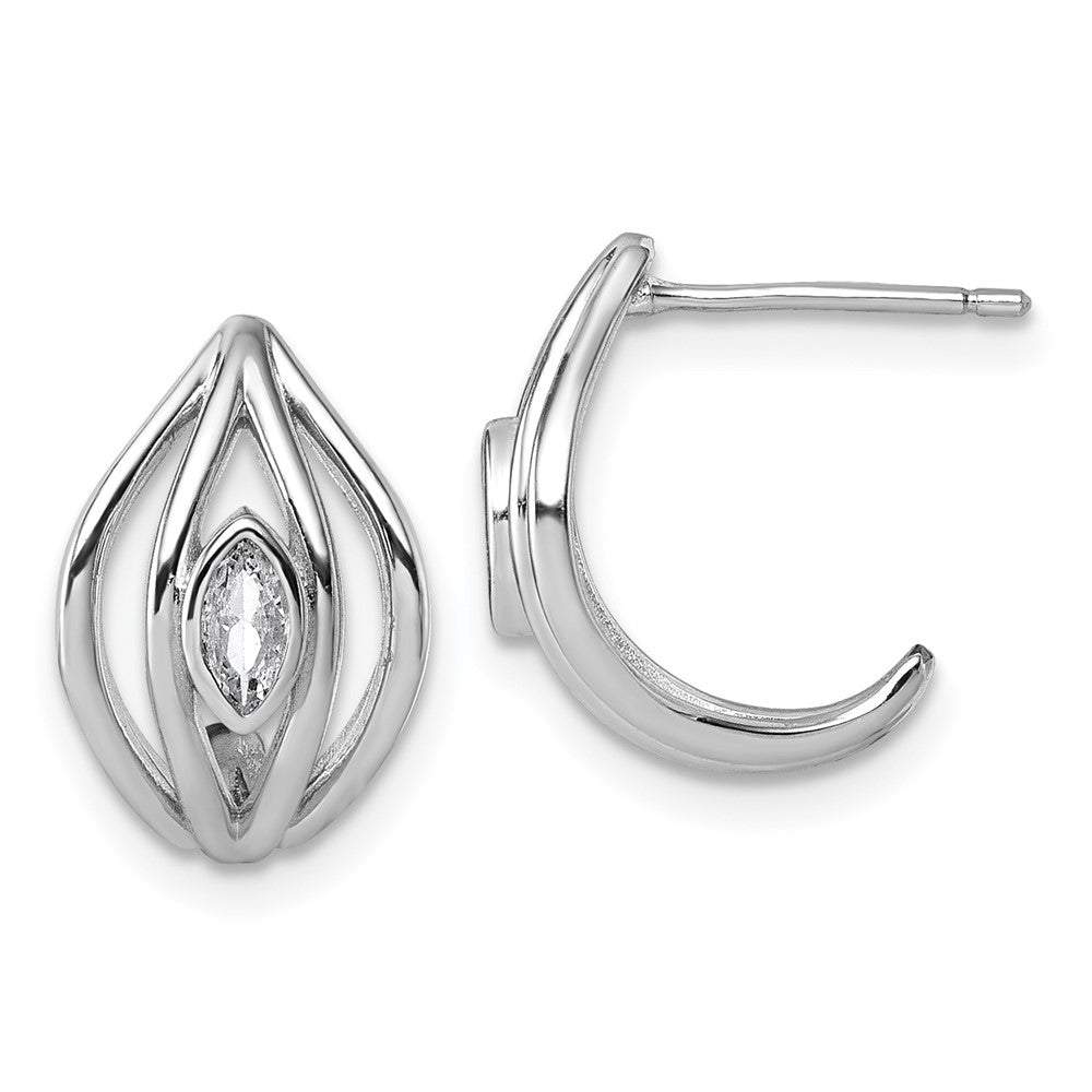 Sterling Silver Rhodium-Plated CZ Polished Post J-Hoop Earrings
